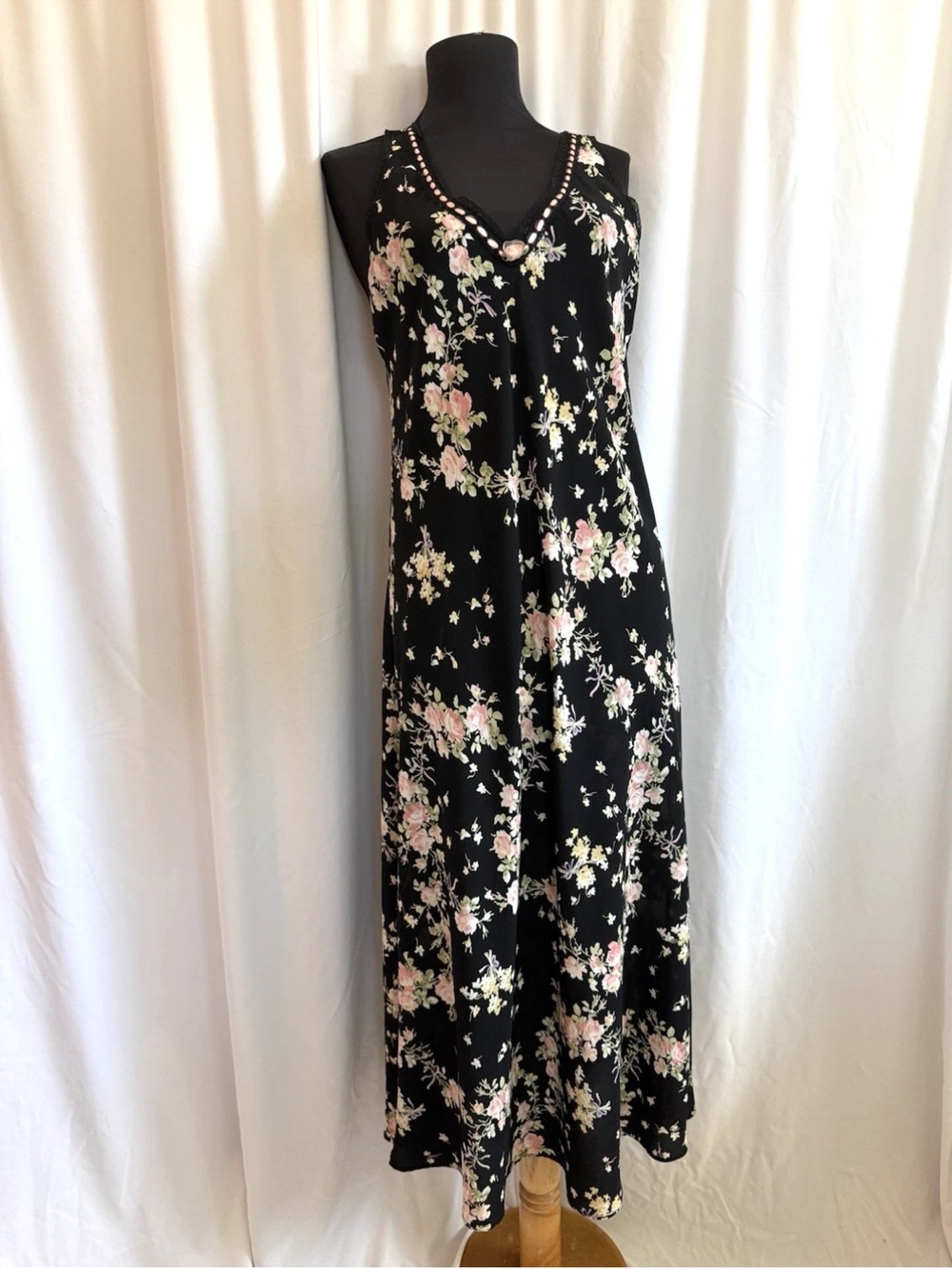 Oscar De La Renta Black Floral Slip Dress - Size Small Y2K